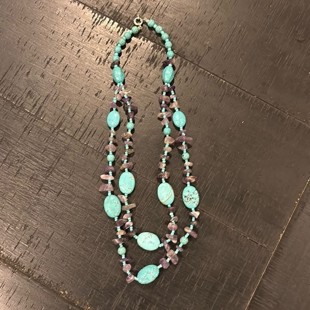 Navajo Turquoise Amethyst Beaded Layered Long Southwestern Boho Necklace Classy